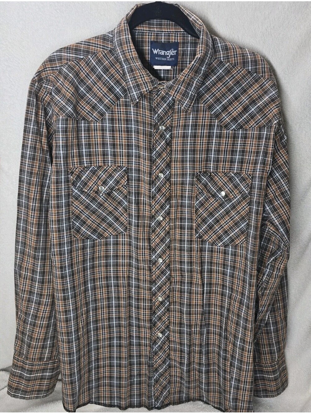 Wrangler Western Shirt Men's XL Brown Plaid Brush Pearl Snap Shirt With Pockets